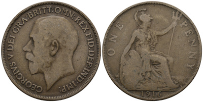 Великобритания 1 пенни 1916 Георг V (1910-1936) КМ 810, Spink 4051 бронза 3460-444