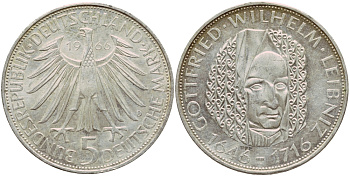 ФРГ 5 марок 1966 D, 250 лет со дня смерти Готфрида Вильгельма Лейбница J. 394, KM 119.1 серебро aUNC 1529-132