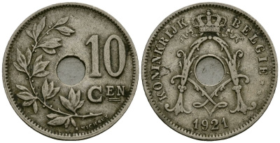 Бельгия 10 сантимов 1921 Belgie KM 86 медно-никель 4172-616