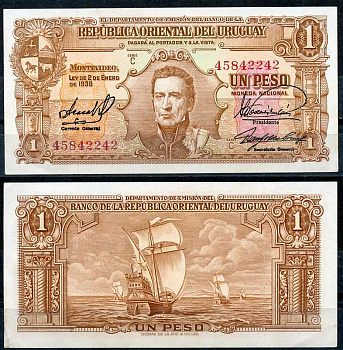 Уругвай 1 песо 1939 Хосе Хервасио Артигас, парусник, серия С Pick 35 b (4) бумага 7217-60-3-2