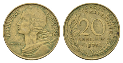 Франция 20 сантимов 1968 тип Marianne KM 930 медь алюминий никель 4681-656
