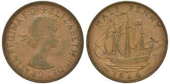 Великобритания 1/2 пенни 1966 Елизавета II (1952-2022) KM 896, Spink 4158 бронза 4681-632