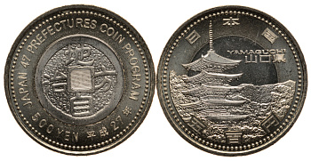 Япония 500 йен 2015 27 год, серия 47 префектур Японии, Ямагути, синтоистский храм KM 228 биметал UNC M43-14