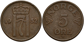 Норвегия 5 эре 1952 Хокон VII (1906 - 1957) KM 400 бронза 4156-245