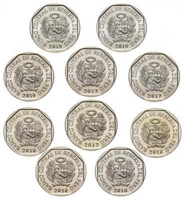 Перу лот из 10 монет по 1 соль 2017-2019 вымирающие дикие животные Перу  медь никель цинк  UNC  M67-14