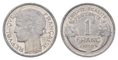 Франция 1 франк 1959 KM 885a.1, Le Franc 221.23 алюминий UNC 4657-912