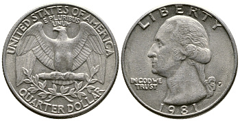 США 25 центов (квотер) 1981 P, Джордж Вашингтон KM 164a медь плакированная медно-никелем 57-1034