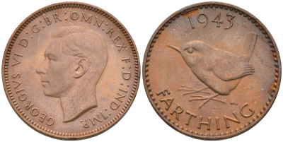 Великобритания 1 фартинг 1943 Георг VI (1936-1952) KM 843, Spink 4116 бронза 4594-126