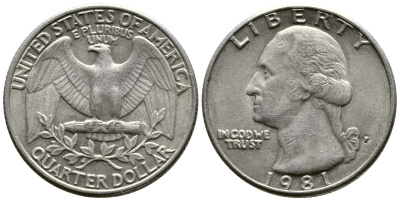 США 25 центов (квотер) 1981 P, Джордж Вашингтон KM 164a медь плакированная медно-никелем 57-1034