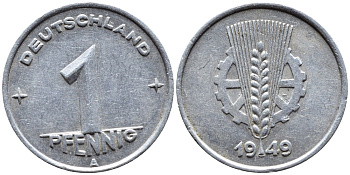 ГДР 1 ПФЕННИГ 1949 А KM 1 алюминий 4392-411