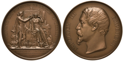 Франция медаль 1852 Наполеон III Император, переплавка бронзовых монет, Бино министр финансов, Пелуз президент комиссии по переплавке, гуртовая надпись, новодел 1967, диаметр 68 мм., вес 143,1 гр.  бронза    11-013-23-1