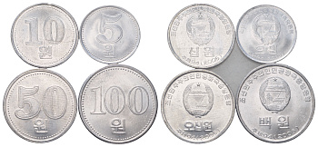 КНДР годовой набор из 4 монет (5, 10, 50 и 100 вон) 2005 KM 425, 426, 427 и 1015 алюминий UNC 4364-2454-2456