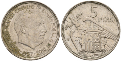 Испания 5 песет 1957 (59) Франсиско Франко (1939 - 1975) KM 786 медно-никель 4155-531