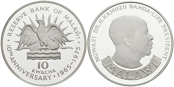 Малави 10 квача 1975 10 лет резервному банку (1965-1975), тираж 6870 экз. KM 14 серебро PROOF 00-00