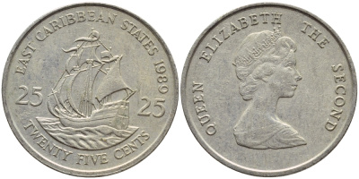 Восточно-Карибские штаты 25 центов 1989 Елизавета II (1952-2022), парусник KM 14 медно-никель 86-1231