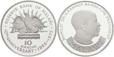 Малави 10 квача 1975 10 лет резервному банку (1965-1975), тираж 6870 экз. KM 14 серебро PROOF 00-00
