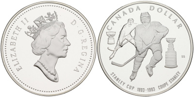 Канада 1 доллар 1993 кубок Стенли по хоккею с шайбой KM 235 серебро PROOF 1076-2-22