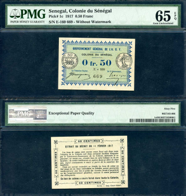 Сенегал 0,5 франка 1917 без водяного знака, в слебе PMG Gem Uncirculated 65, высший грейд, только еще 1 бона имеет грейд 65 Pick 1 c  бумага  UNC (пресс) 452-2-20