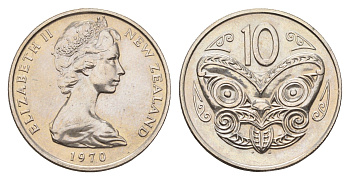 Новая Зеландия 10 центов 1970 Елизавета II (1952-2022), птичка киви, тираж 30.000 экземпляров KM 41 медно-никель BU 87-351