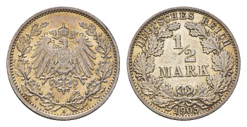 Германия 1/2 марки 1905 A, Вильгельм II (1888-1918) KM 17, J. 16 серебро aUNC 4625-1033