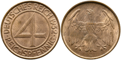 ГЕРМАНИЯ 4 РЕЙХСПФЕННИГА 1932 D KM 75, J. 315 медь 4388-833