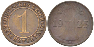 ГЕРМАНИЯ 1 РЕЙХСПФЕННИГ 1925 J KM 37, J. 313, Weege 2 бронза 206-825