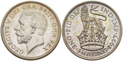 Великобритания 1 шиллинг 1927 Георг V (1910-1936), четвертый выпуск, тираж 15000 экземпляров KM 833, Spink 4039 серебро  PROOF 00-000-00