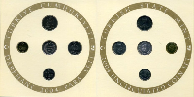 Турция официальный набор из 4 монет + жетон 2004 25000, 50000, 100000 и 250000 лир, буклет  медно-никель  UNC 7-3-1-16