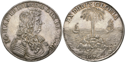 Брауншвейг-Каленберг-Ганновер 1 талер 1676 Иоганн Фридрих (1665-1679), пальматалер, аукцион Münz Zentrum 105, январь 2001 KM 149.2, Dav 6573, Welter 1704, Fiala 1974  серебро   00-000-00
