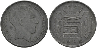 Бельгия 5 франков 1945 BELGEN, Леопольд III (1934-1947) KM 130 цинк VF+ 1528-511