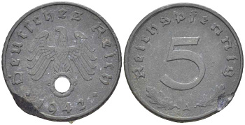 ГЕРМАНИЯ 5 РЕЙХСПФЕННИГОВ 1941 A KM 100, J. 370 цинк 211-539