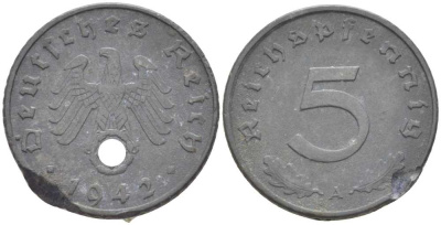 ГЕРМАНИЯ 5 РЕЙХСПФЕННИГОВ 1941 A KM 100, J. 370 цинк 211-539