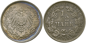 Германия 1/2 марки 1919 E J. 16, KM 17 серебро UNC 65-316