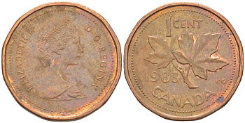 КАНАДА 1 ЦЕНТ 1983 КЛЕНОВЫЙ ЛИСТ, ЕЛИЗАВЕТА II (1953-) KM 132 бронза 4181-1265