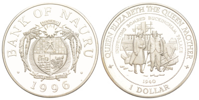 Науру 1 доллар 1996 Королева-мать - Осмотр Букингемского дворца после бомбардировки, тираж 10.000 экземпляров KM 12 медно-никель PROOF 3896-1245