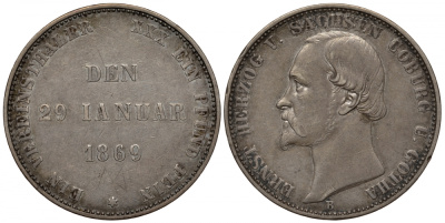 Саксен-Кобург-Гота 1 талер 1869 Эрнст, 25-я годовщина правления KM 122, Jaeger 298, Thun 370, AKS 117, Kahnt 497, Davenport 827 серебро 00-000-00