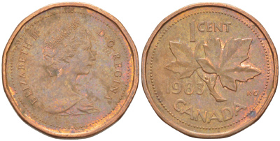 КАНАДА 1 ЦЕНТ 1983 КЛЕНОВЫЙ ЛИСТ, ЕЛИЗАВЕТА II (1953-) KM 132 бронза 4181-1265