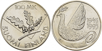 Финляндия 100 марок 1995 150 лет ООН, голубь мира KM 81 серебро UNC 01-148-35