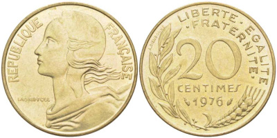 ФРАНЦИЯ 20 САНТИМОВ 1976 ТИП MARIANNE KM 930, LE FRANC 156.16 алюминиевая бронза 217-234