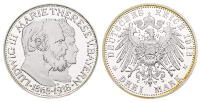 Бавария 3 марки (НОВОДЕЛ) 1918 (2004) Баварская Свадьба - 50 лет со дня свадьбы короля Людвига III и Марии Терезы, новодел типаж - KM 1010 серебро PROOF 11-157-33