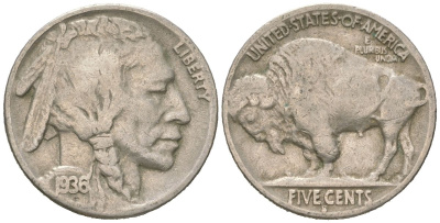 США 5 центов 1936 S, индеец, бизон KM 134 медно-никель 4614-1253