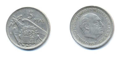 ИСПАНИЯ 5 ПЕСЕТ 1969 KM 786 медно-никель 54-1324