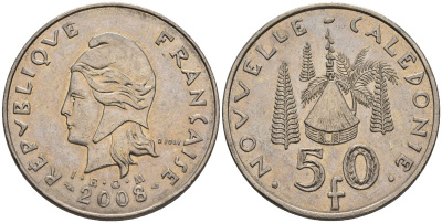 Французская Новая Каледония 50 франков 2008 хижина среди сосен и пальм, (IEOM) KM 13a, Schoen 15a, Lec 128i медно-никель 4111-443