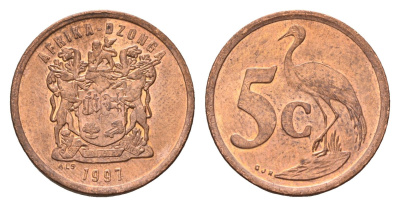 ЮАР 5 центов 1997 герб, райский журавль KM 160 сталь плакированная медью UNC 4687-221
