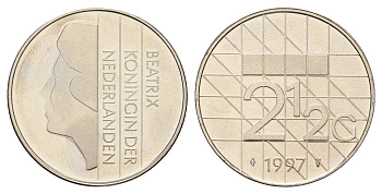 Нидерланды 2 1/2 гульдена 1997 Беатрикс (1980-2013), редкий год KM 206 никель UNC 4367-733