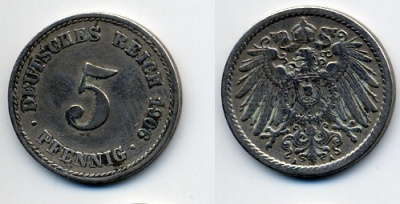ГЕРМАНИЯ 5 ПФЕННИГОВ 1906 A, KM 11, J. 12 медно-никель 76-229