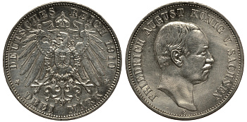 Саксония 3 марки 1910 E, Фридрих Август III (1904-1918) Weege 132, J. 135, KM 1267 серебро 3711-1332