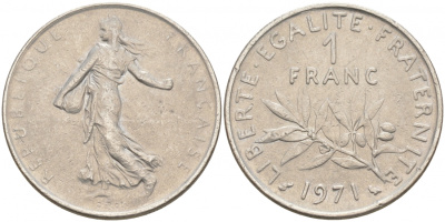 ФРАНЦИЯ 1 ФРАНК 1971 СЕЯТЕЛЬ KM 925.1 никель 186-341