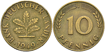 ФРГ 10 пфеннигов 1949 J KM 103, J.378 сталь плакированная латунью 4681-1112