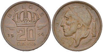 Бельгия 20 сантимов 1954 Belgie, Бодуэн I (1951-1993) KM 147.1 бронза 218-1216